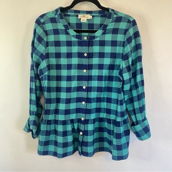 Vineyard Vines Plaid Peplum Button Down Shirt Size 12 - Picture 4 of 11